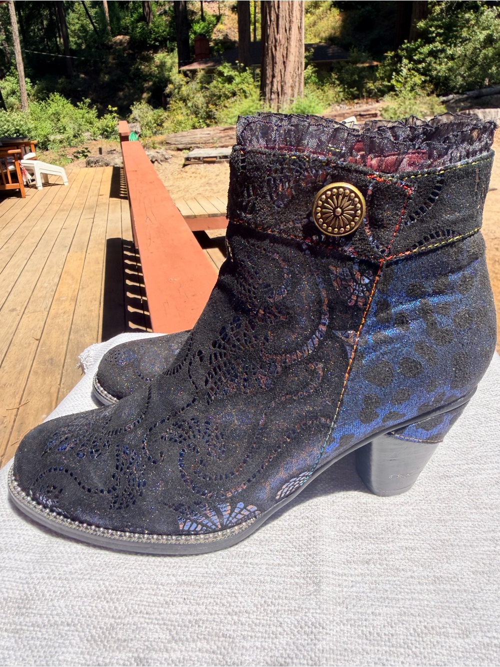 Women’s L’Artiste Black and Blue Patterned Ankle Boot with Decorative Button